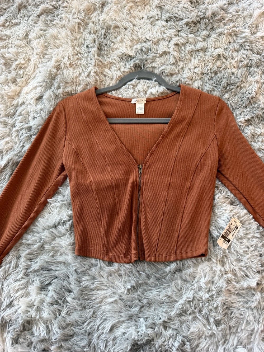 Zipper-Front Cropped Knit Top in Rust Brown